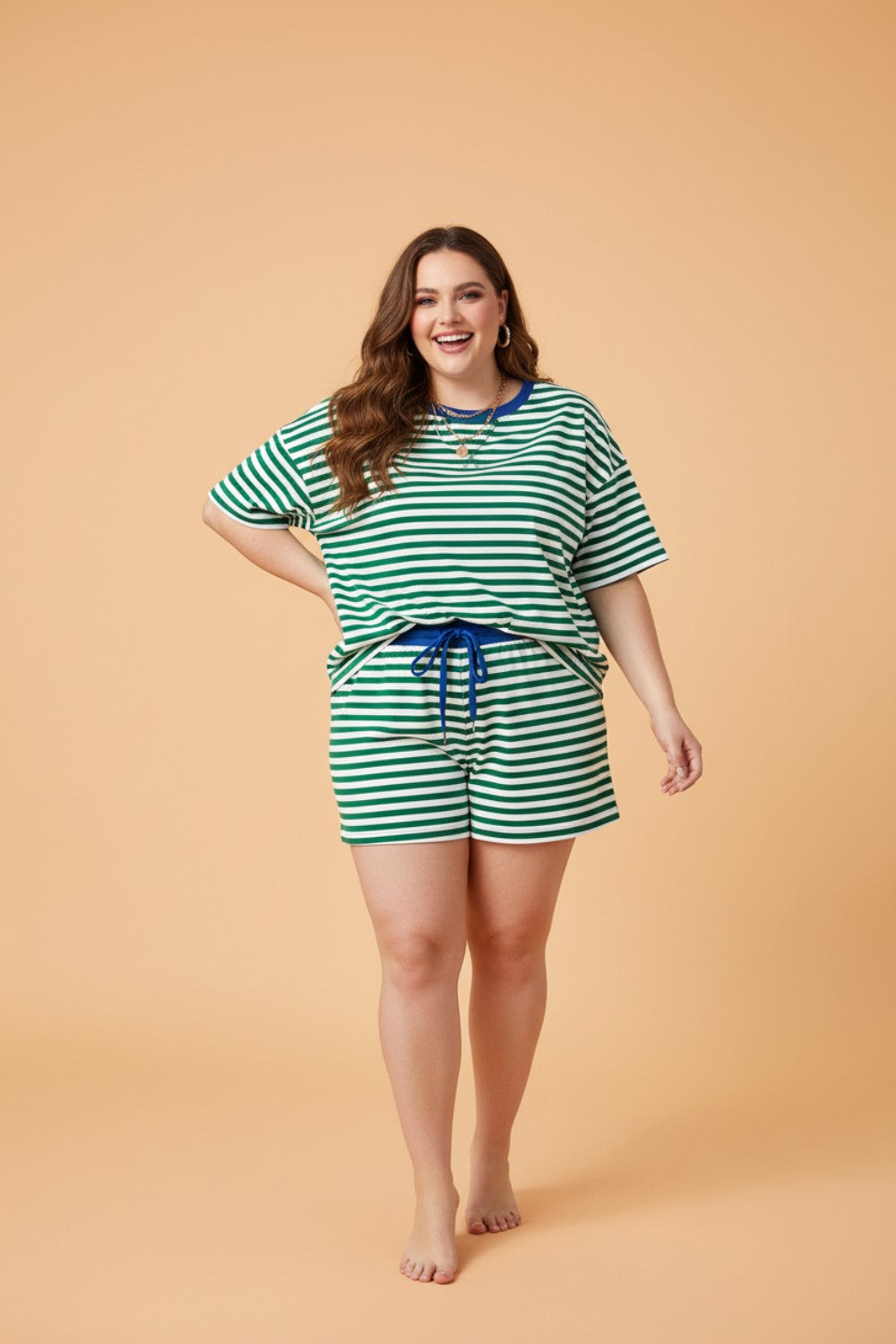 Plus Size Stripe Boxy Tee & Drawstring Short Set