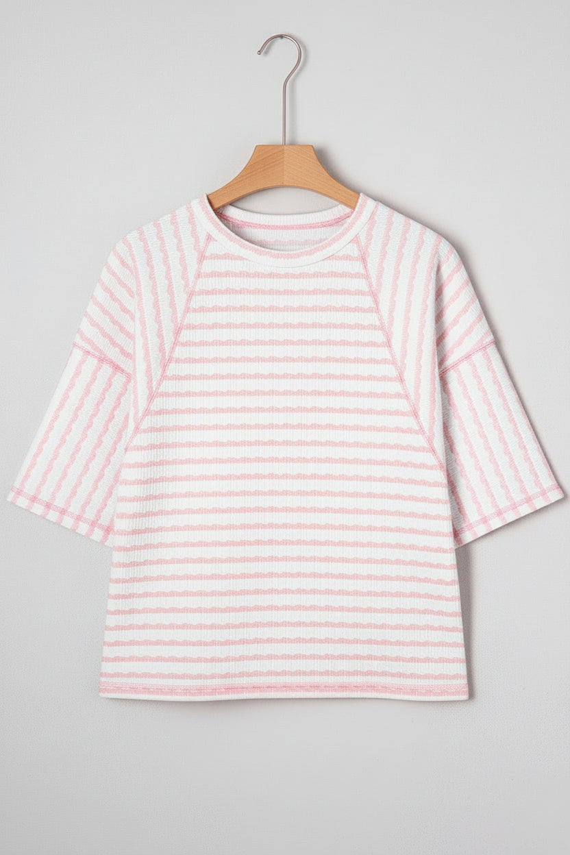 Plus Size Stripe Textured Patchwork 3/4 Sleeve Top
