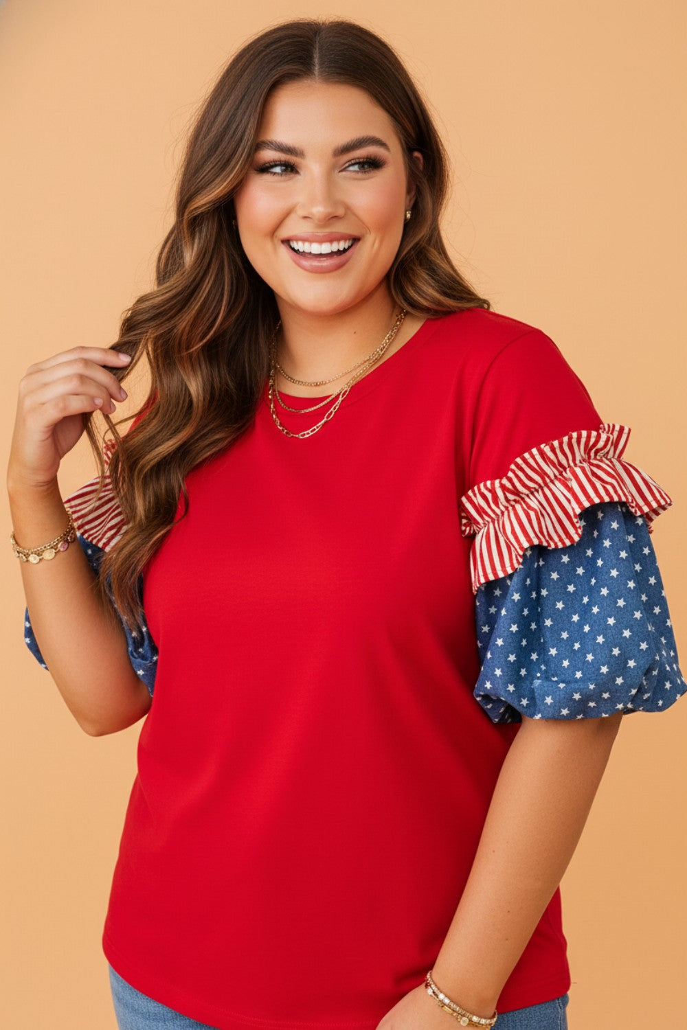 Plus Size Stars & Stripe Patchwork Puff Sleeve Top