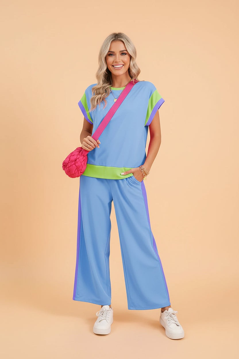 Colorblock Short Sleeve Top & Wide Leg Pants Set