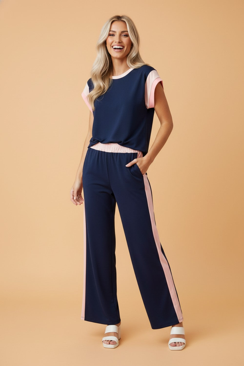 Colorblock Short Sleeve Top & Wide Leg Pants Set