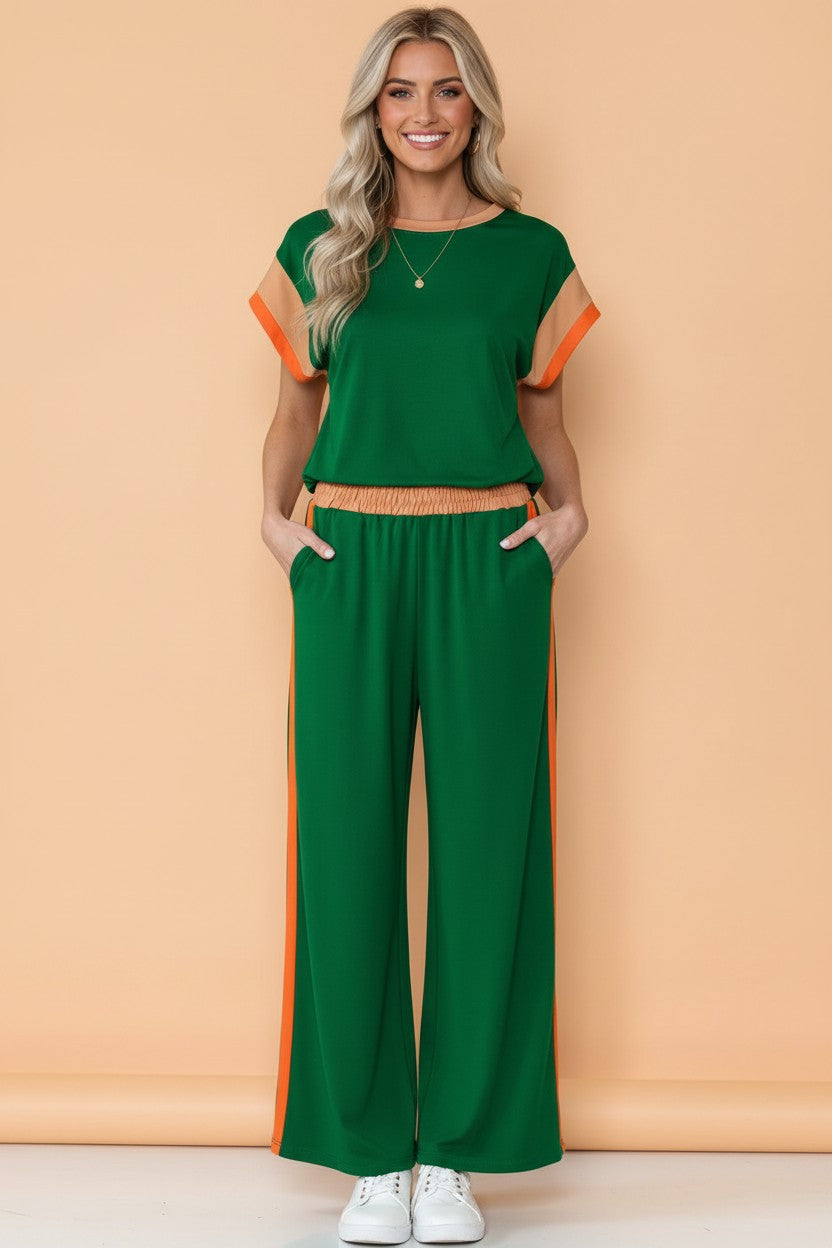 Colorblock Short Sleeve Top & Wide Leg Pants Set