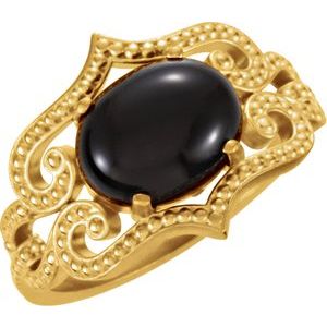 14K Yellow Gold Natural Black Onyx Cabochon Ring