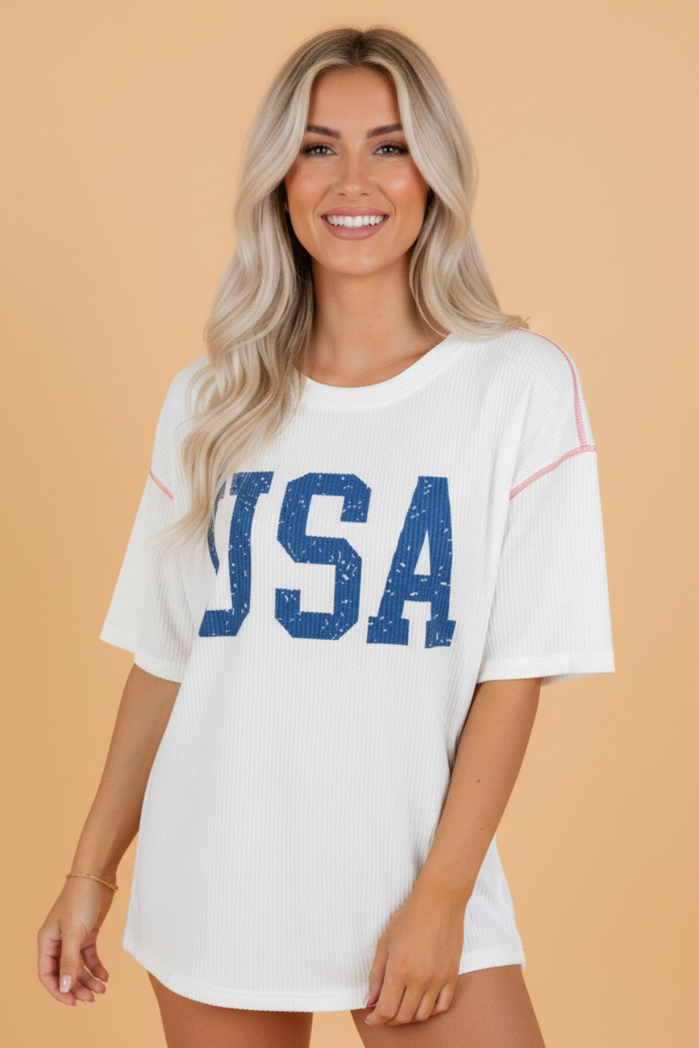USA Corded Knit Short Sleeve Graphic Top