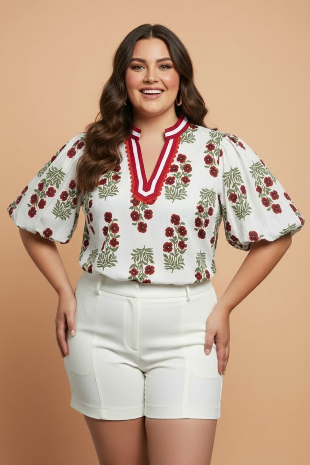 Plus Size Floral Ricrac Trim Short Sleeve Blouse