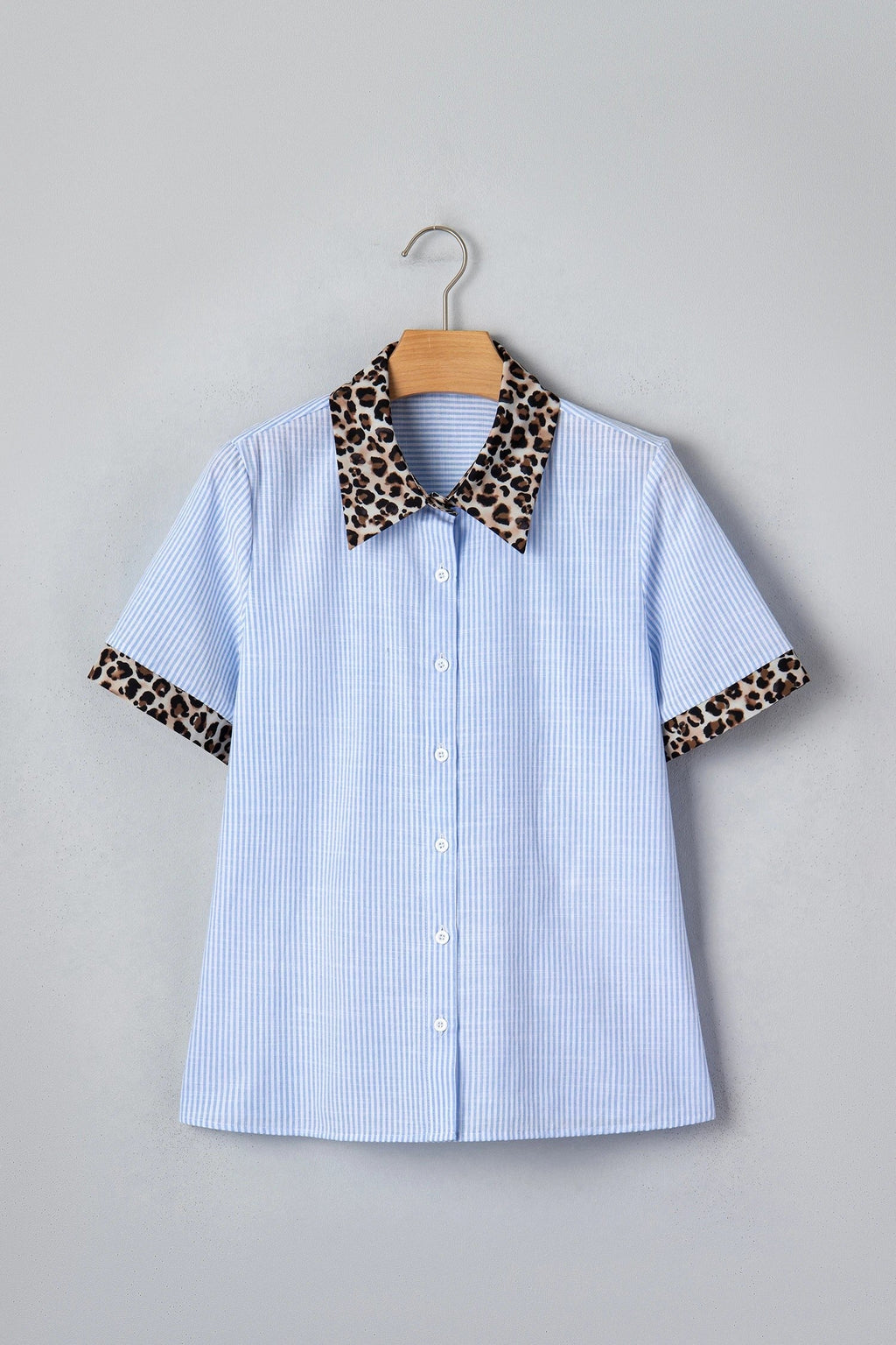 Stripe Leopard Contrast Collar Short Sleeve Shirt