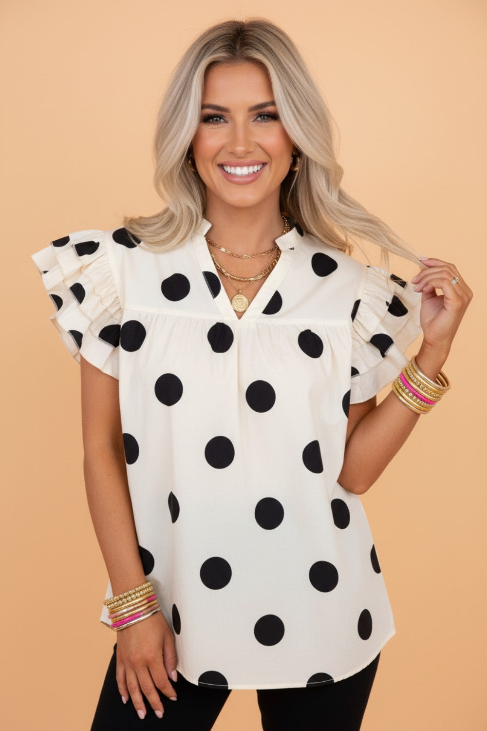 Polka Dot V-Neck Ruffle Short Sleeve Blouse