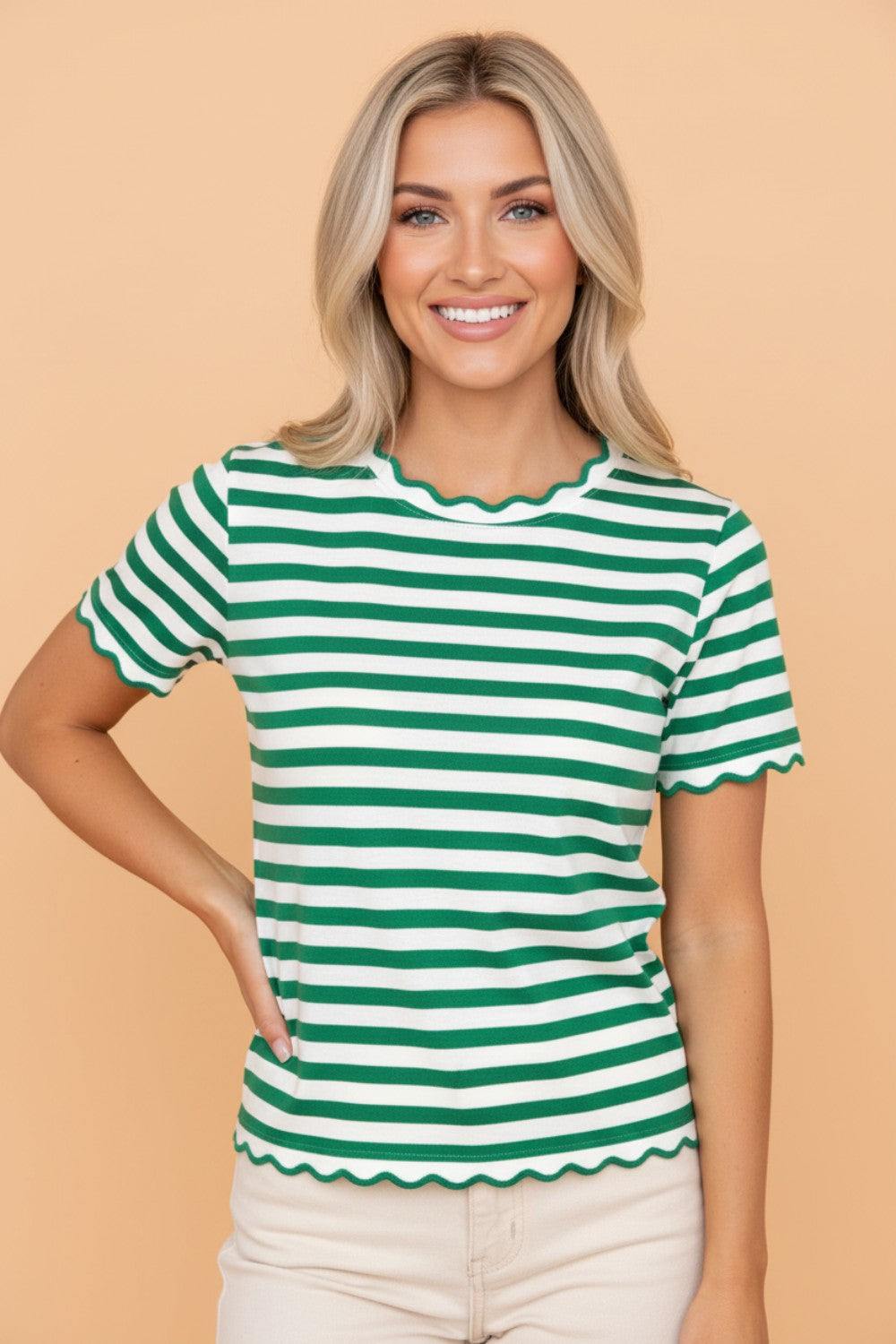 Stripe Scallop Trim Round Neck T-Shirt