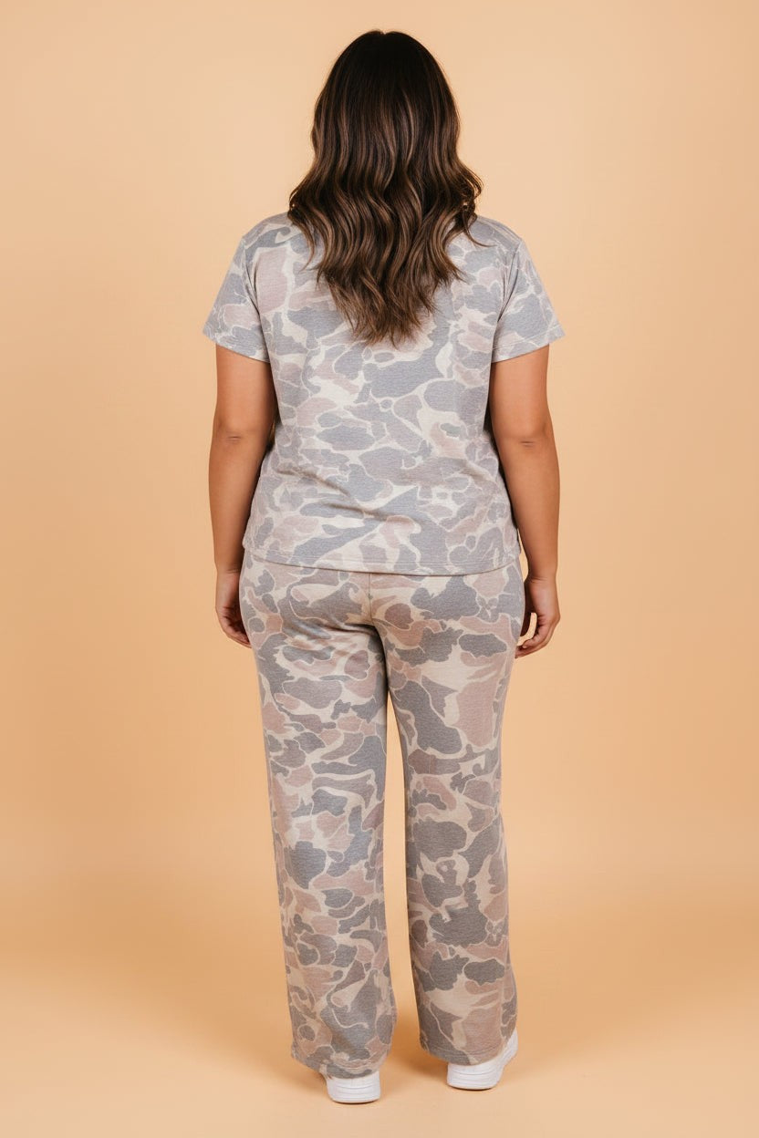 Plus Size Camo Top & Wide Leg Pants Set