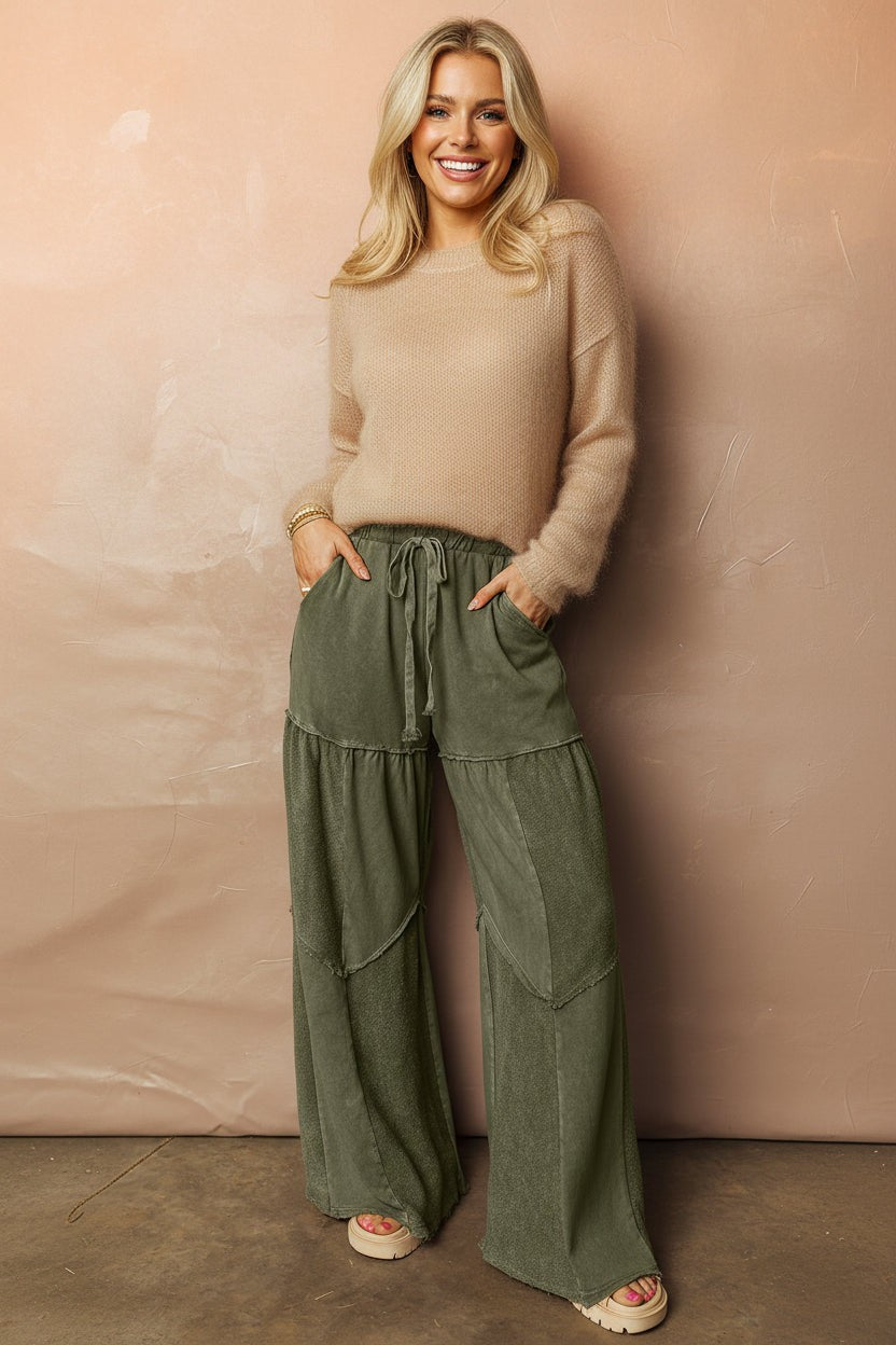 Mineral Wash Tiered Drawstring Wide Leg Pants