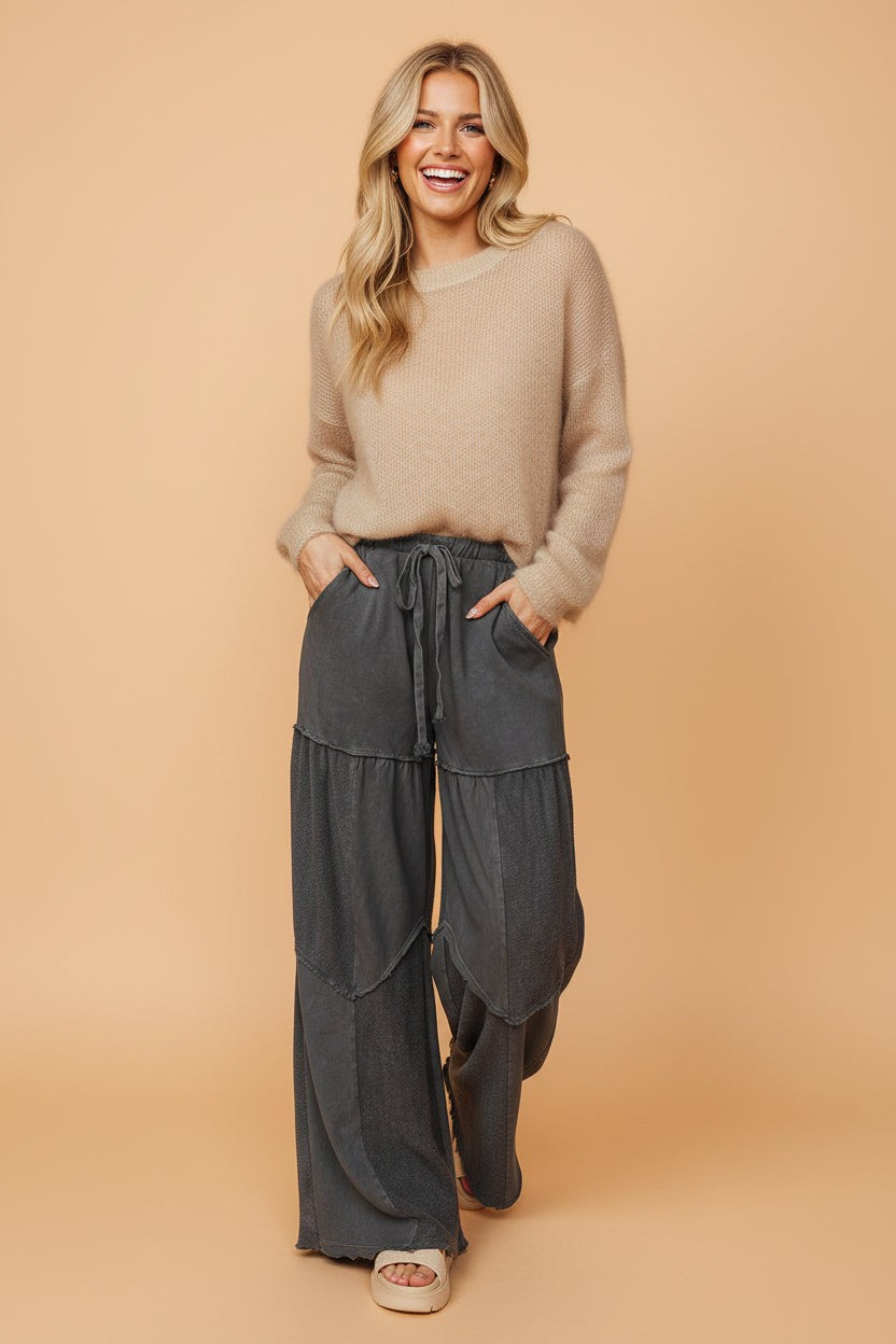 Mineral Wash Tiered Drawstring Wide Leg Pants
