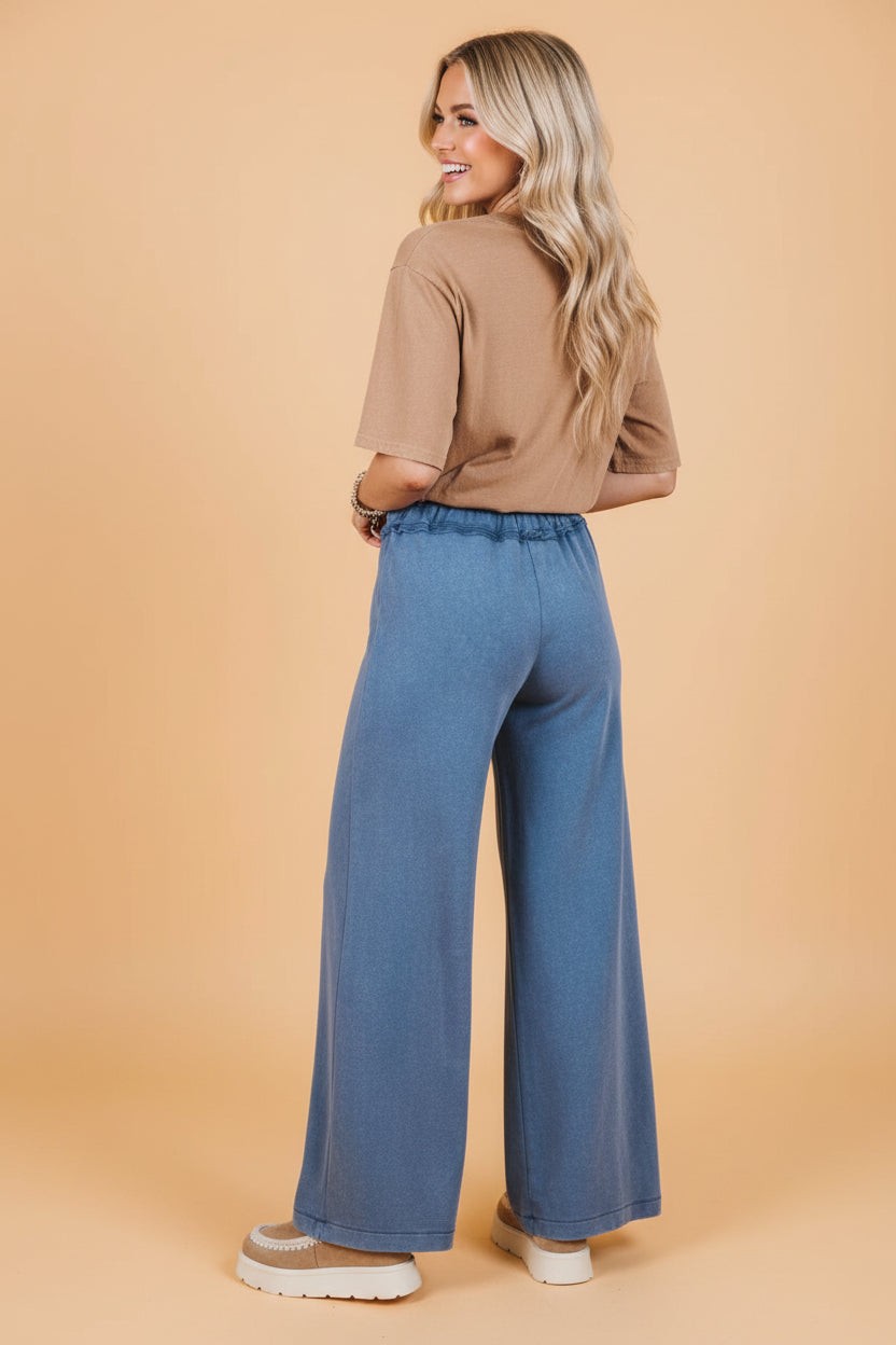 Solid Mineral Wash Drawstring Wide Leg Pants