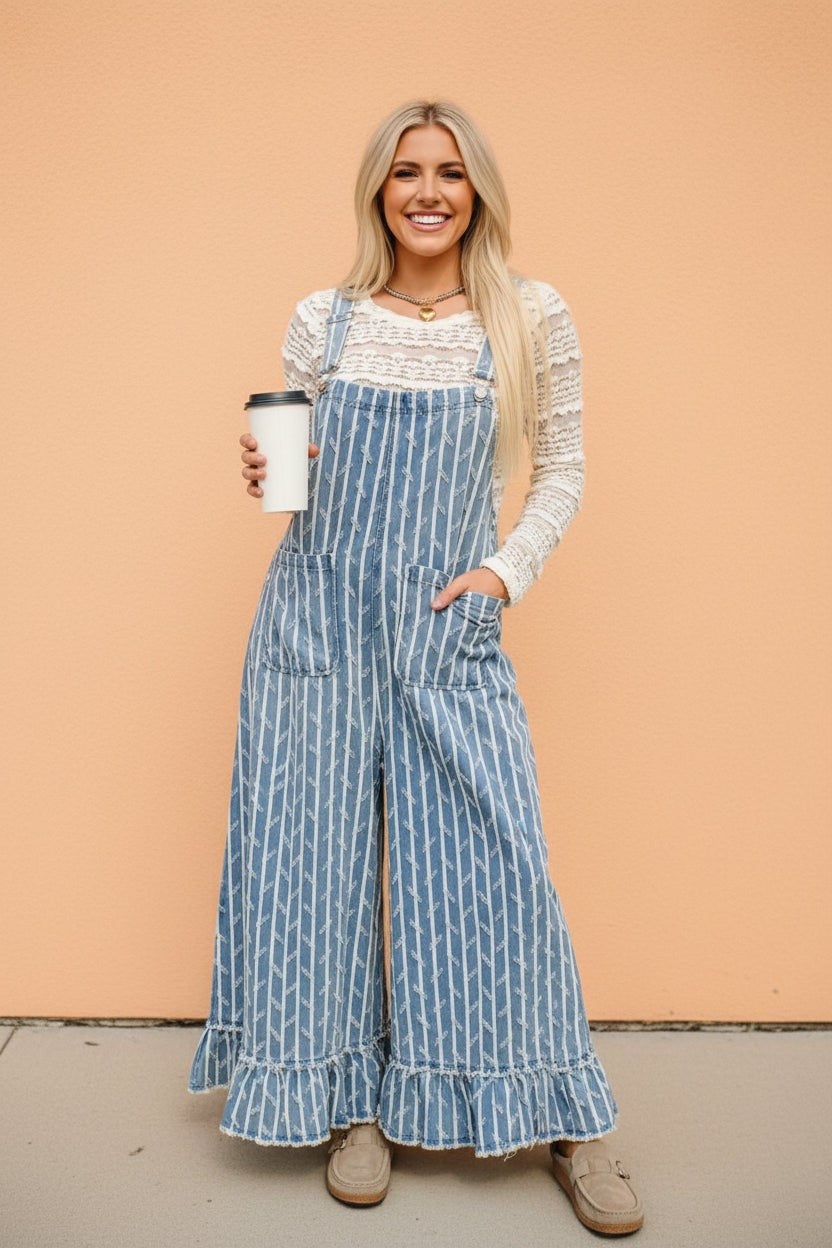 Stripe Distressed Denim Ruffle Wide Leg Overalls