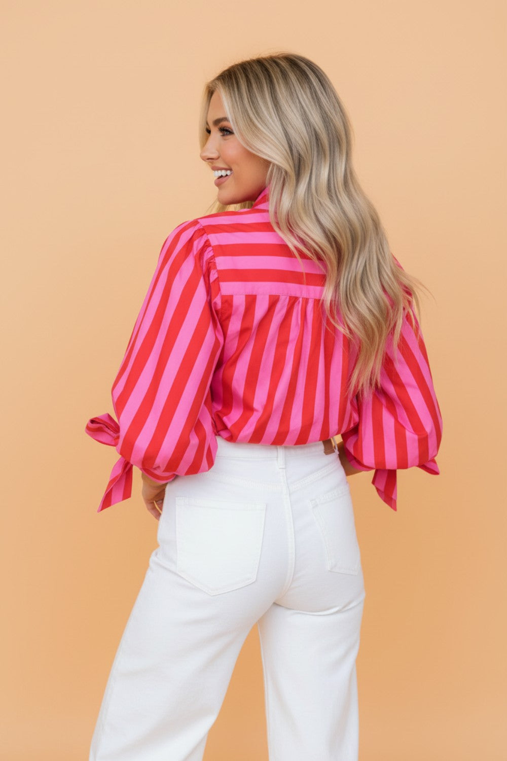 Stripe Tie Puff Sleeve Button Down Shirt