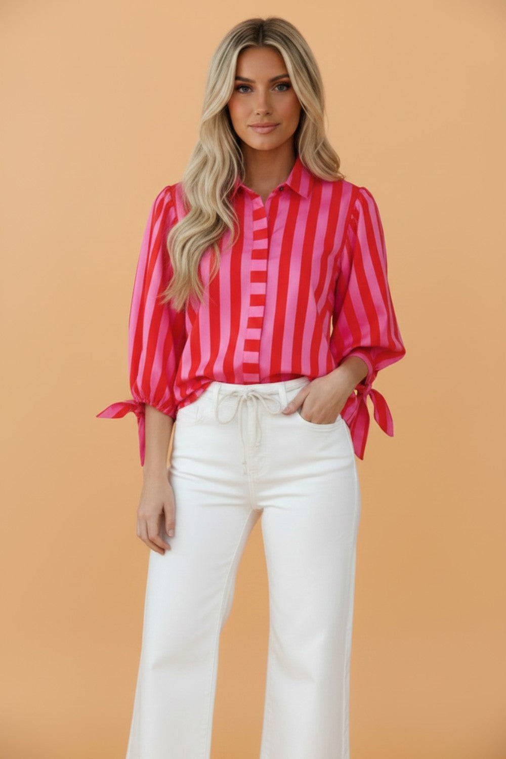 Stripe Tie Puff Sleeve Button Down Shirt