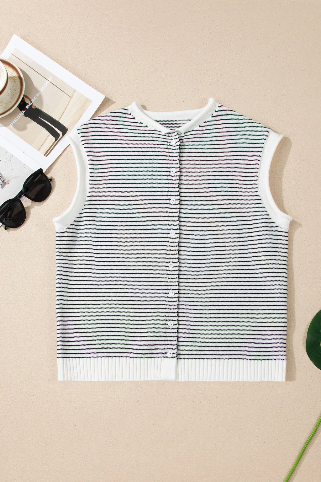 Stripe Contrast Trim Cap Sleeve Button-Up Cardigan