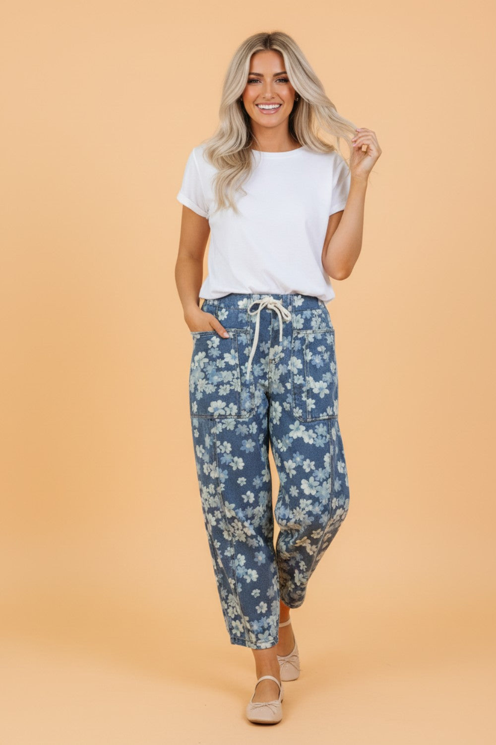 Floral Denim Drawstring Barrel Leg Jeans
