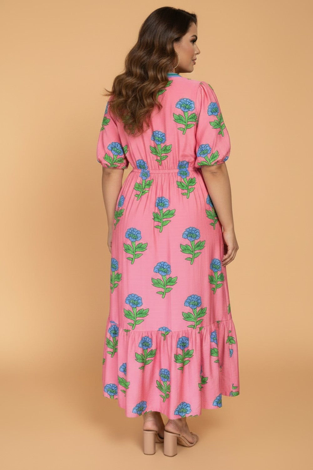 Plus Size Floral Stripe V-Neck Ruffle Maxi Dress