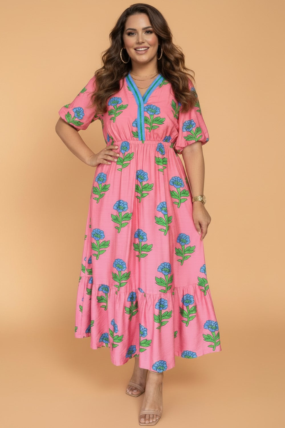 Plus Size Floral Stripe V-Neck Ruffle Maxi Dress