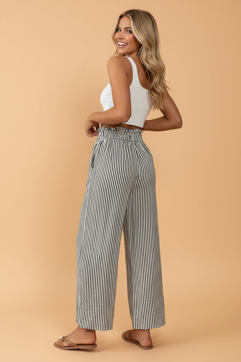 Stripe Tied High Waist Straight Leg Pants