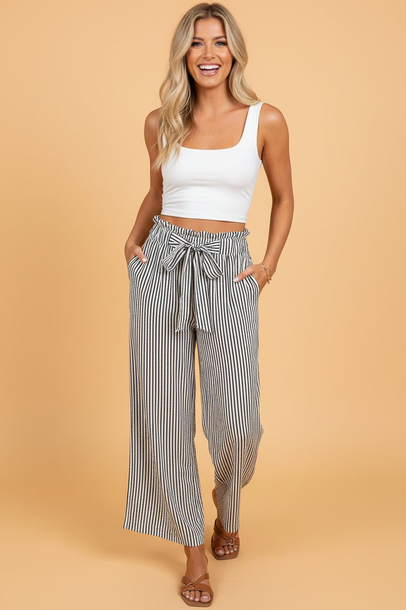 Stripe Tied High Waist Straight Leg Pants