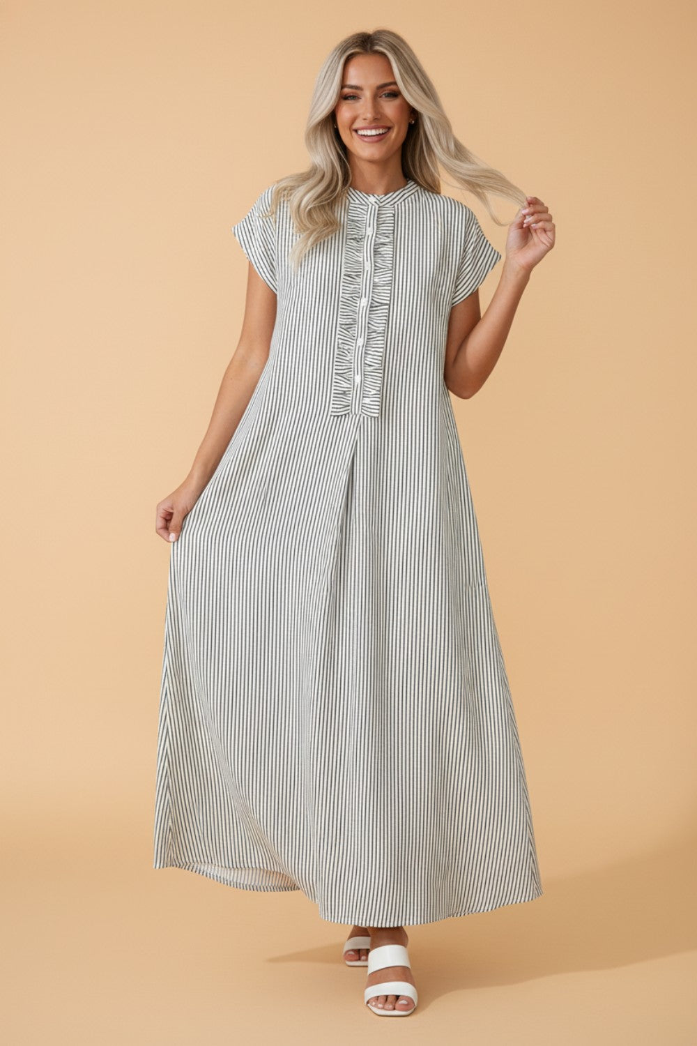 Stripe Frilled Half Buttoned Maxi Dress