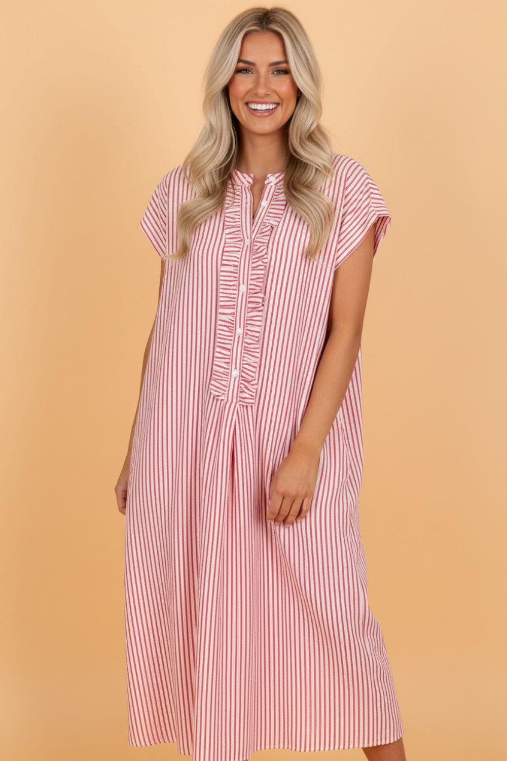Stripe Frilled Half Buttoned Maxi Dress