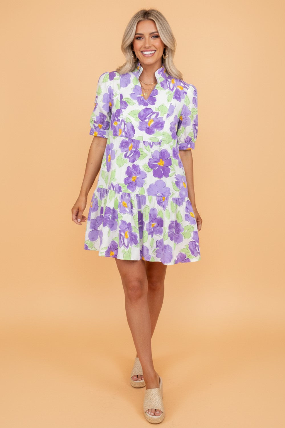 Floral Collared V-Neck Tiered Ruffle Mini Dress