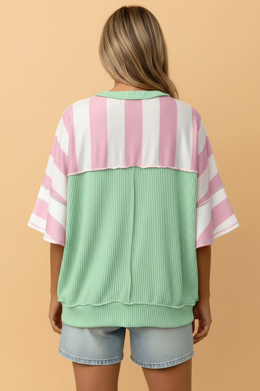 Stripe Exposed Seam Ribbed Patchwork Oversized Tee