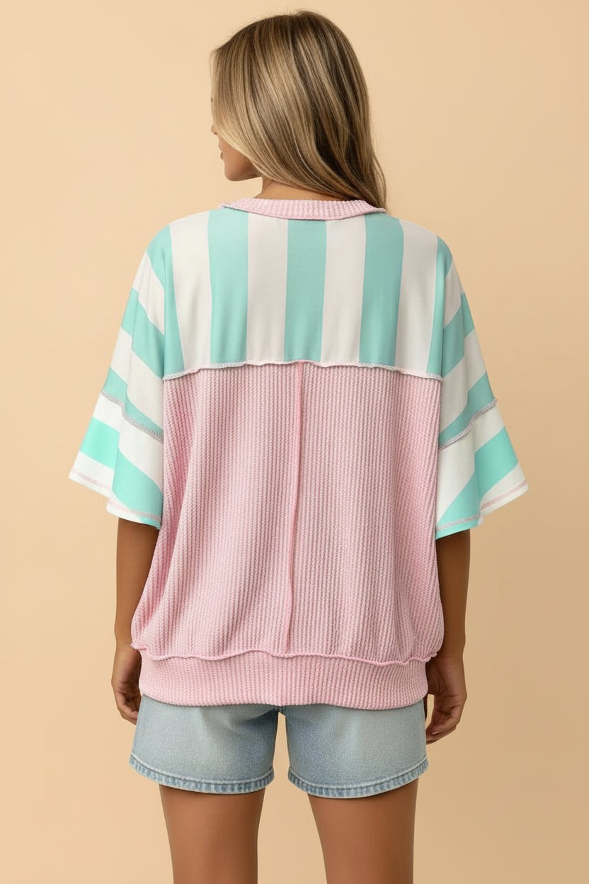 Stripe Exposed Seam Ribbed Patchwork Oversized Tee