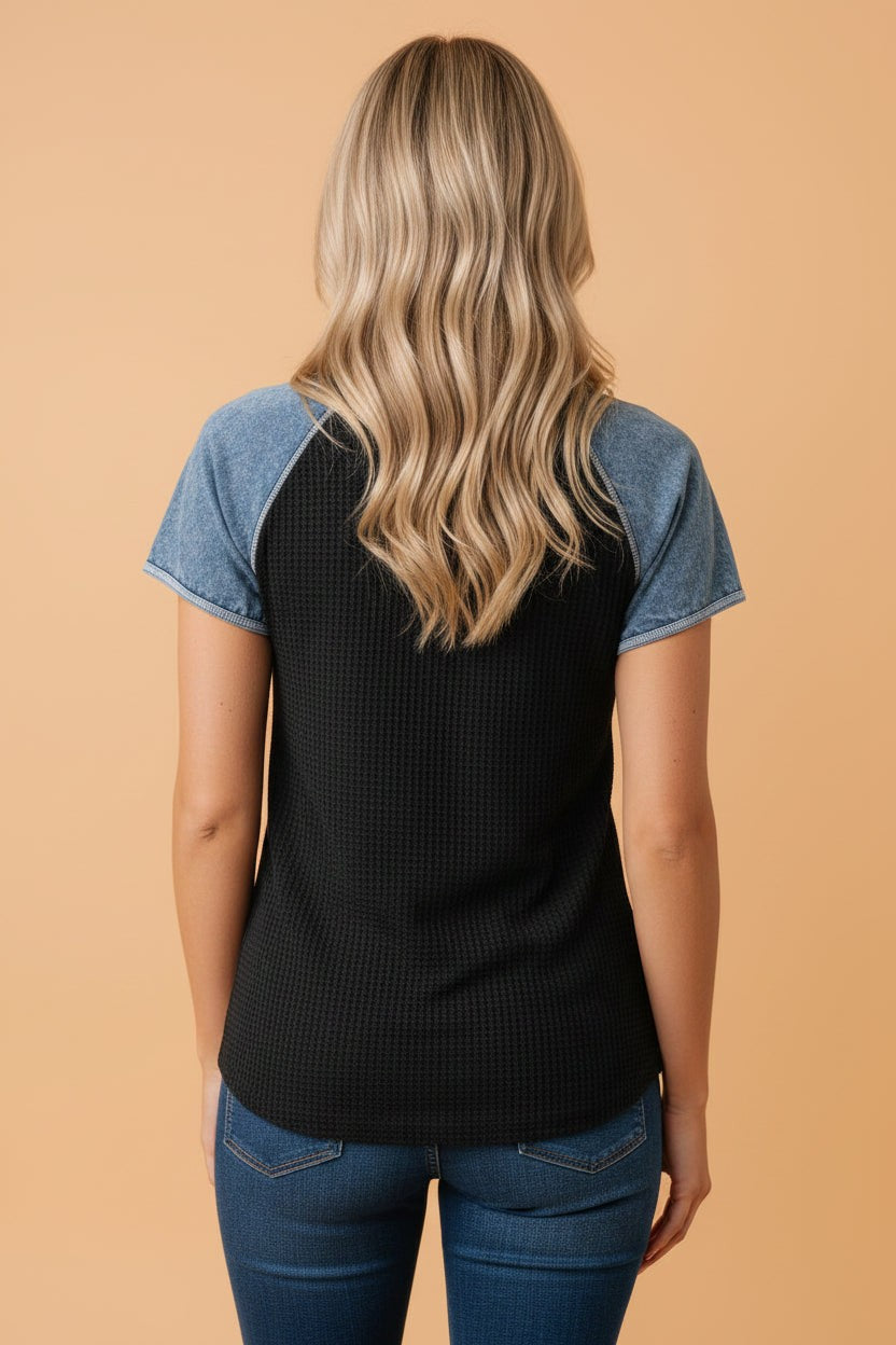 Colorblock Waffle Knit Patchwork Short Sleeve Top