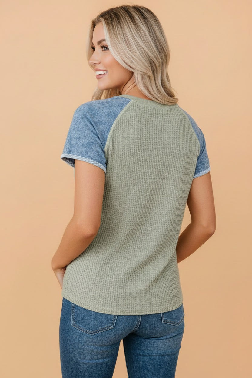 Colorblock Waffle Knit Patchwork Short Sleeve Top