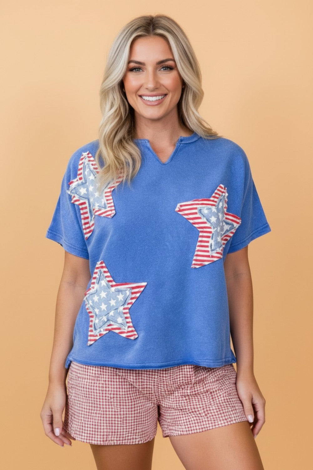 USA Star Patchwork Mineral Wash Notched Neck Tee