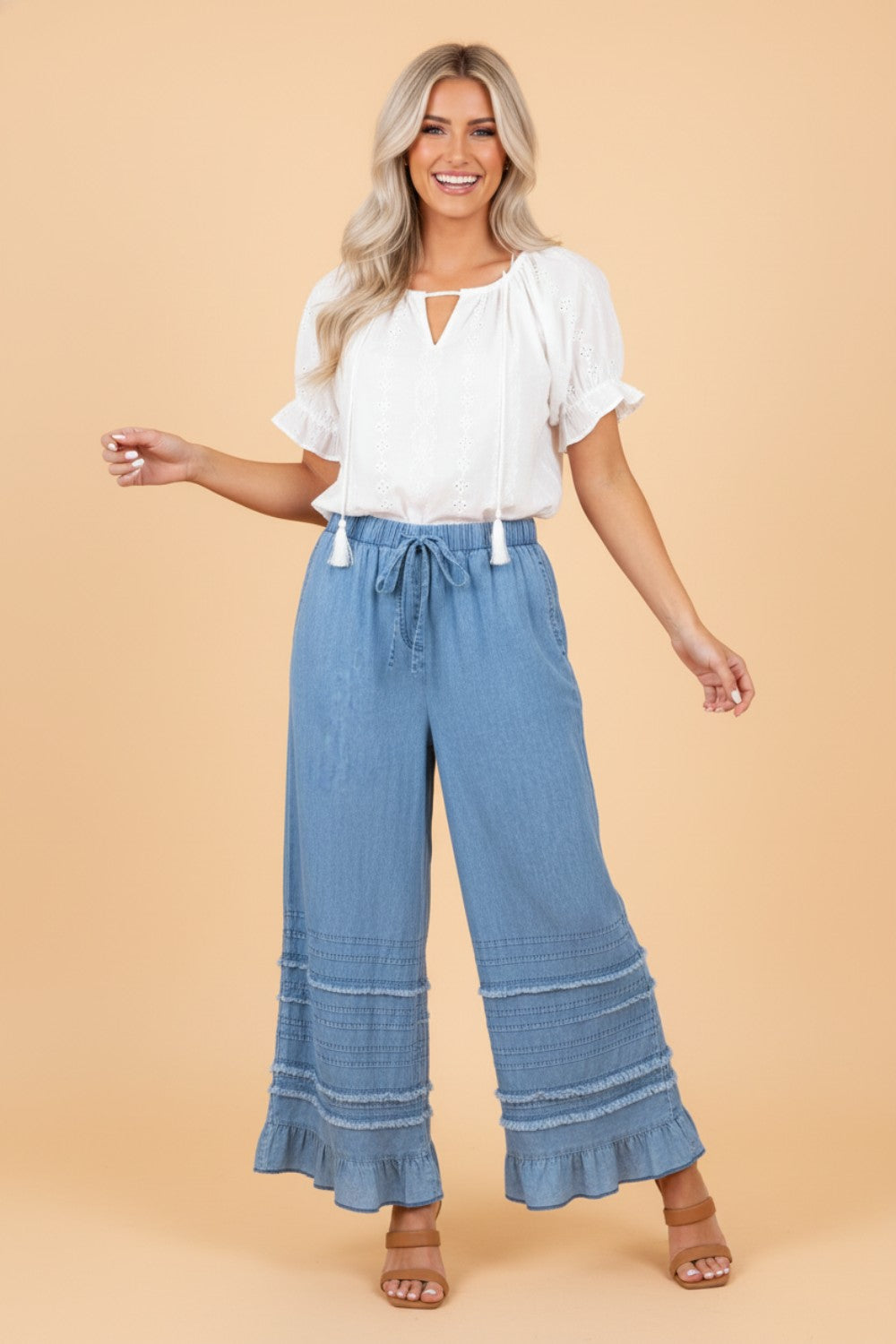 Denim Chambray Ruffle Hem Wide Leg Pants