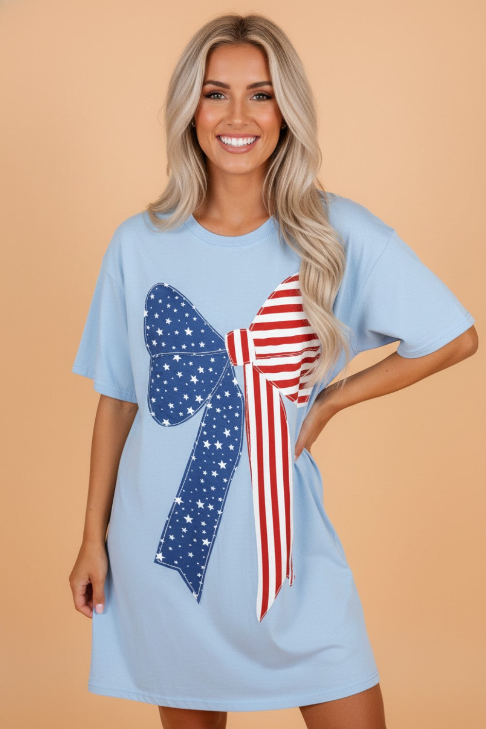 Patriotic Flag Bow Patchwork Mini T-Shirt Dress