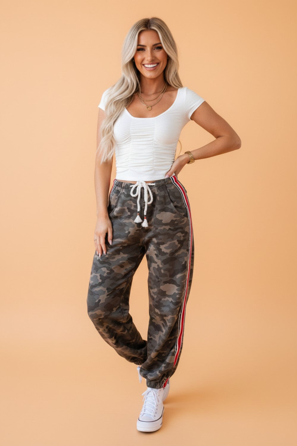 Camo Side Stripe Panel Drawstring Pants