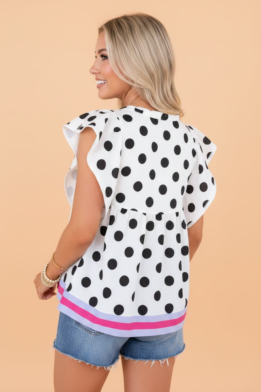 Polka Dot Stripe Patchwork Flutter Sleeve Babydoll Blouse