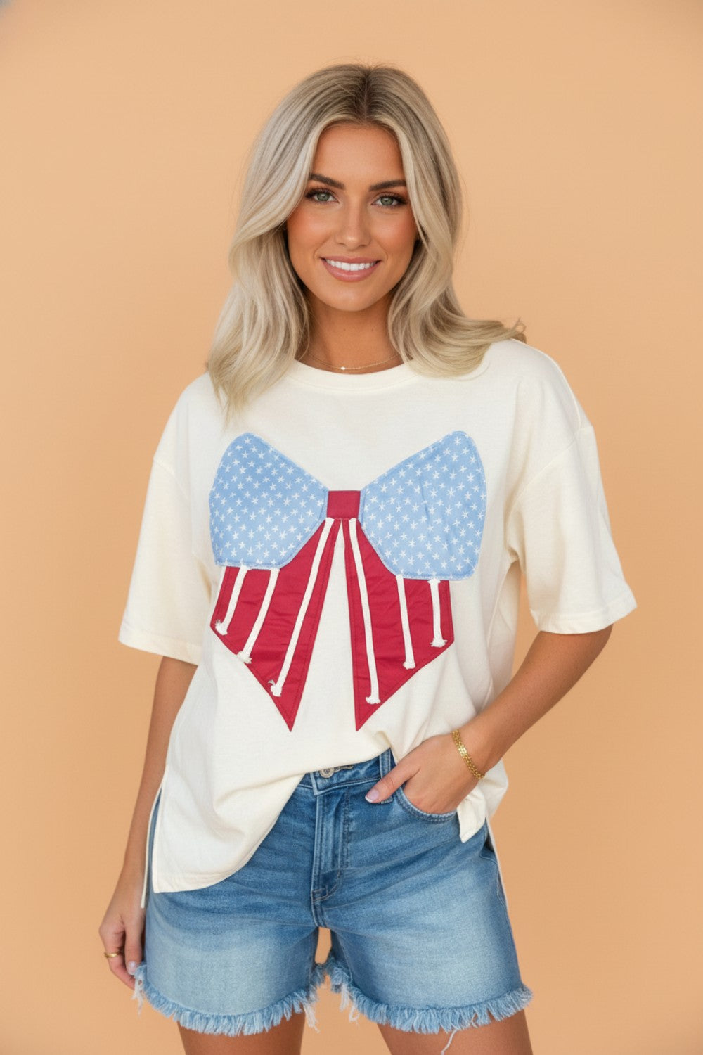 USA Flag Bow Patch Loose Knit T-Shirt