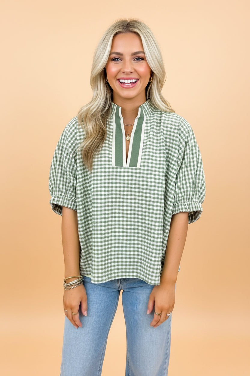 Gingham Plaid Colorblock Trim Split Neck Blouse