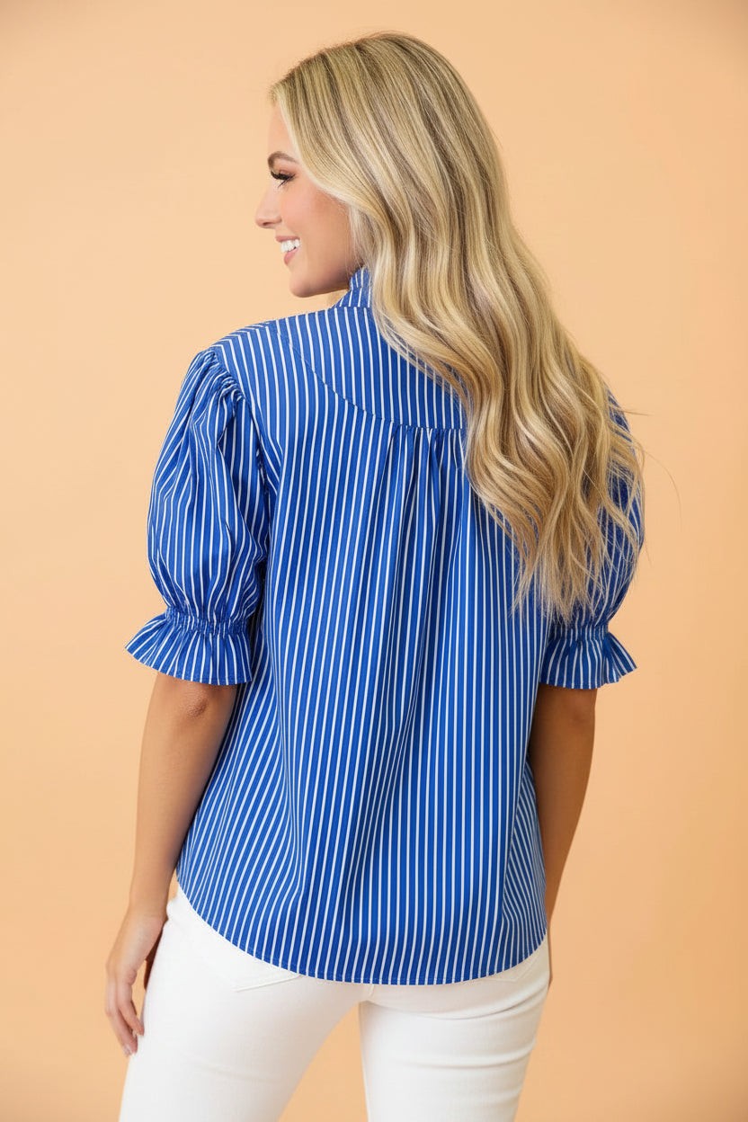 Stripe Ruffle Puff Sleeve Button Front Blouse