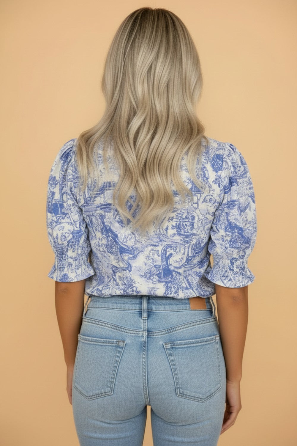 Floral Stripe Contrast V-Neck Puff Sleeve Blouse