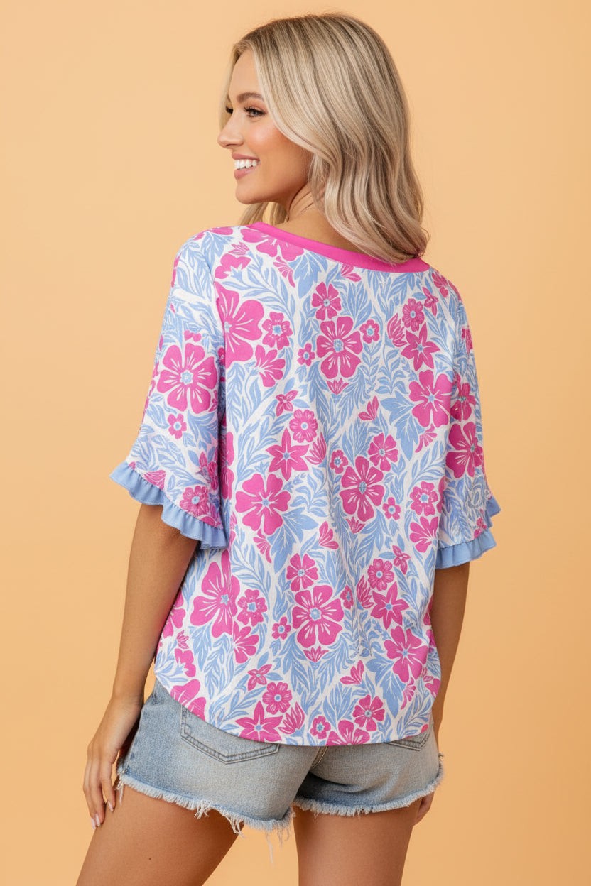 Floral Ruffle Colorblock Trim 3/4 Sleeve Blouse