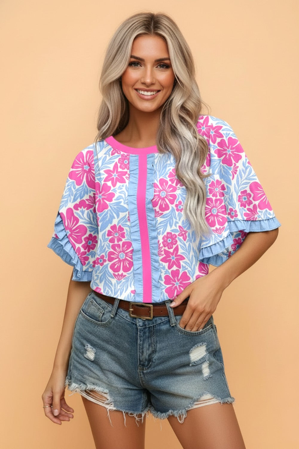Floral Ruffle Colorblock Trim 3/4 Sleeve Blouse