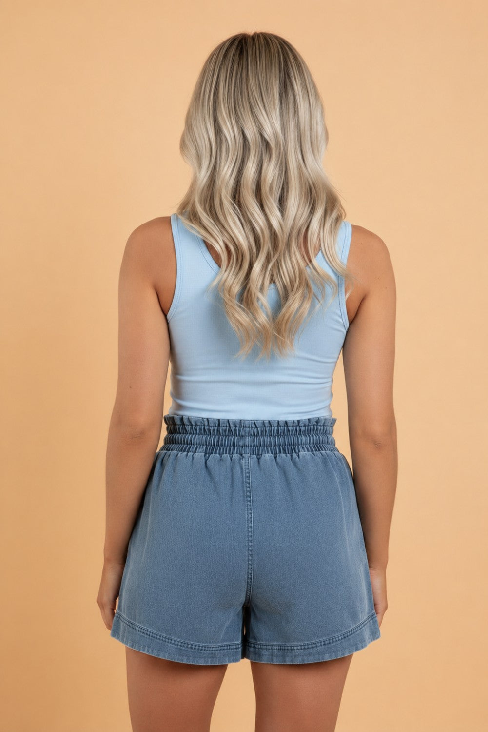 Solid Denim Smocked Elastic Waist Shorts