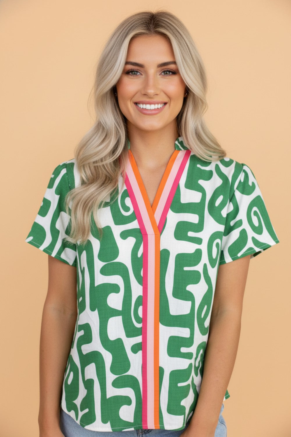 Abstract Stripe Trim V-Neck Short Sleeve Blouse