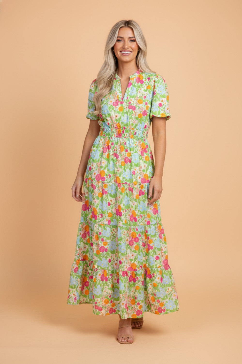 Floral V-Neck Short Puff Sleeve Maxi Dress