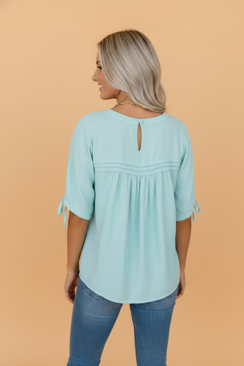 Solid Pleated Tie Sleeve Babydoll Blouse