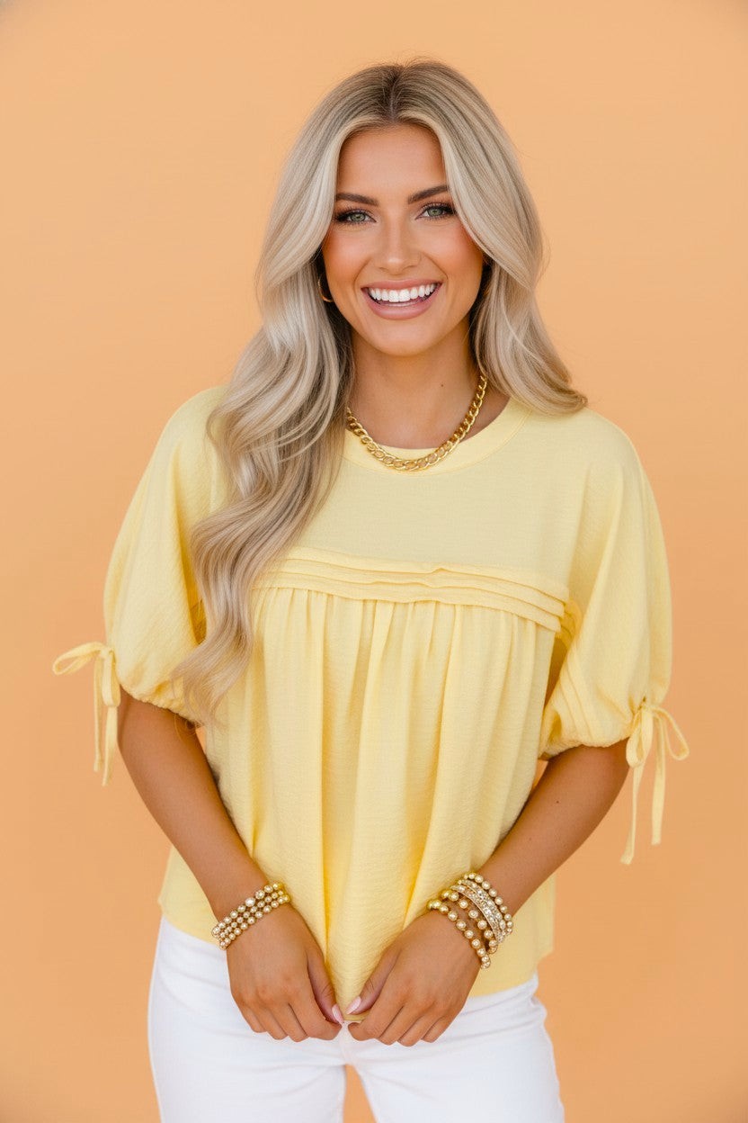 Solid Pleated Tie Sleeve Babydoll Blouse
