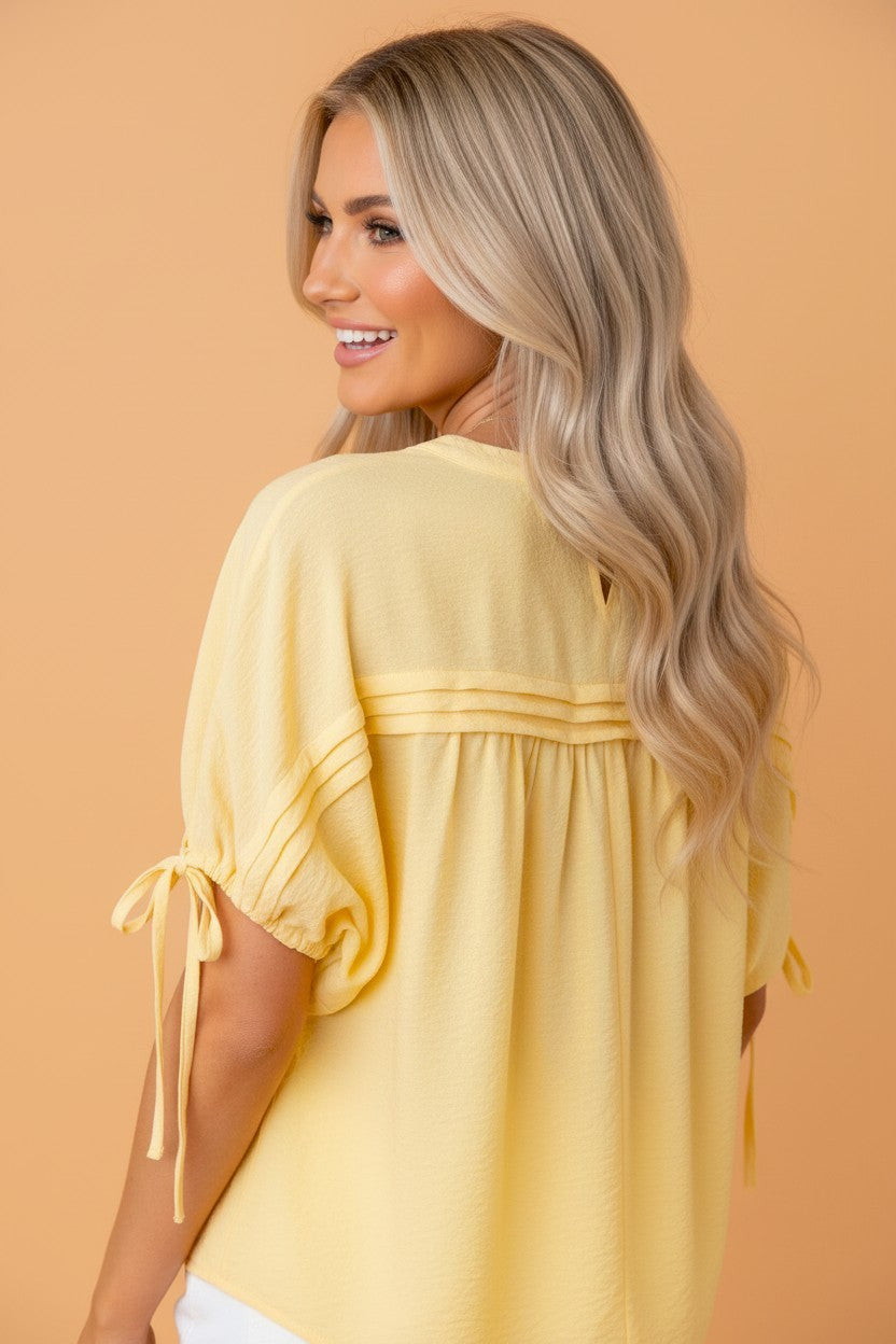 Solid Pleated Tie Sleeve Babydoll Blouse