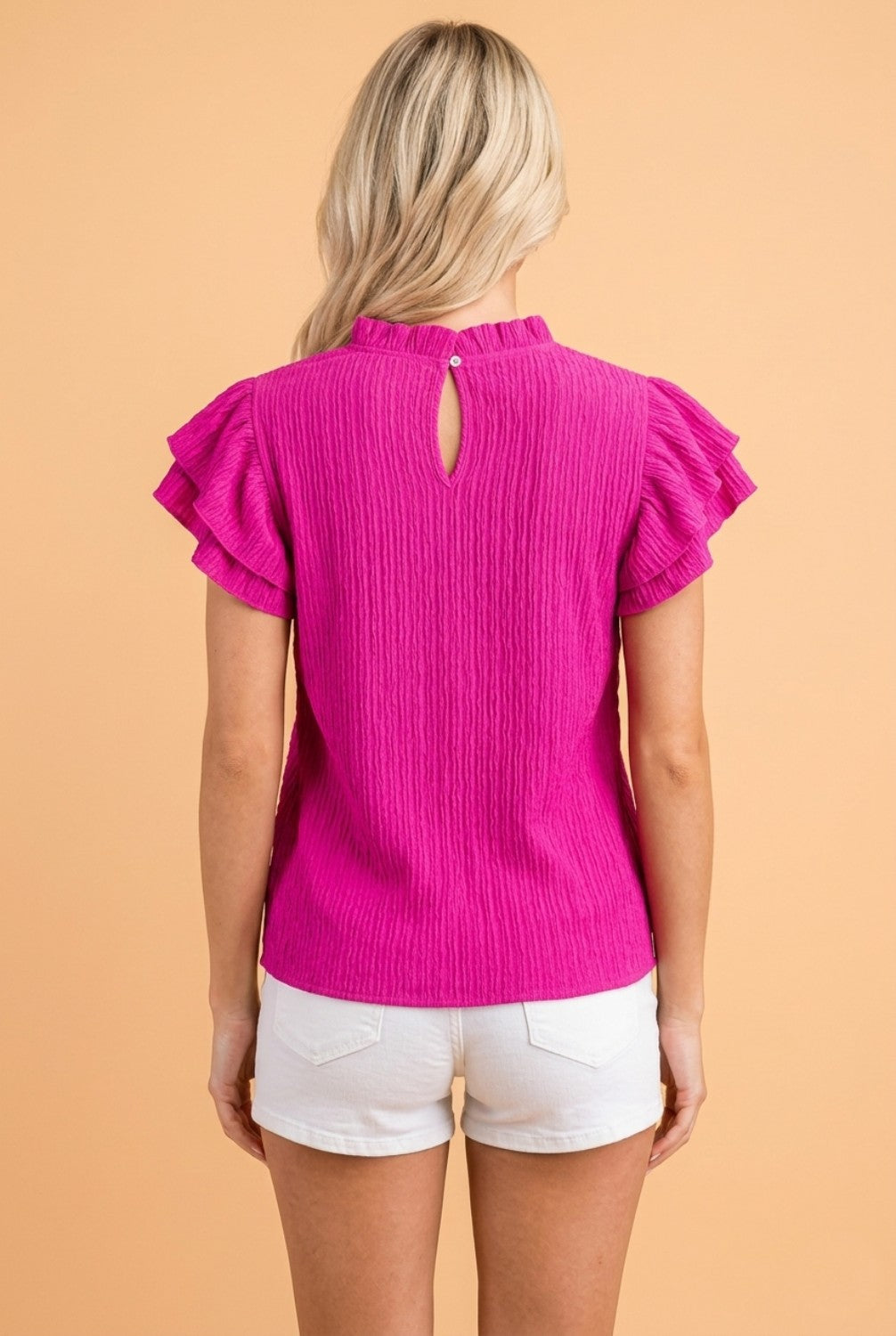 Solid Textured Ruffle Trim Short Sleeve Blouse